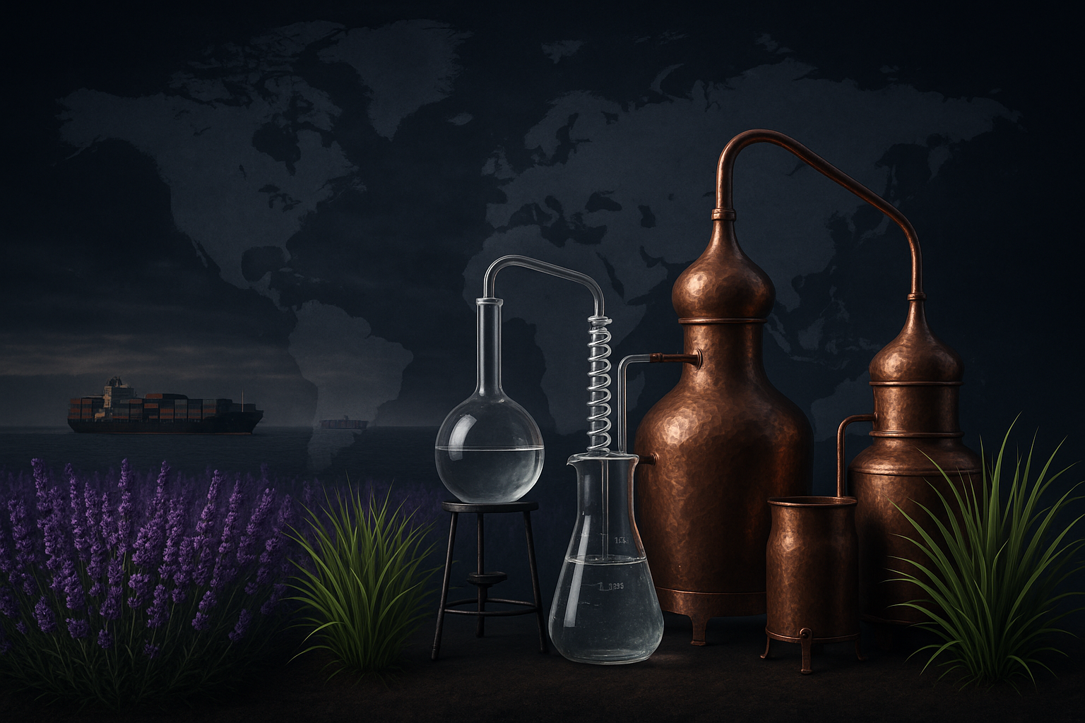 a global map overlay with lavender/lemongrass fields, OR a distillation setup with export vibe (container ship / world map), realistic image- Dark background for white text overlay